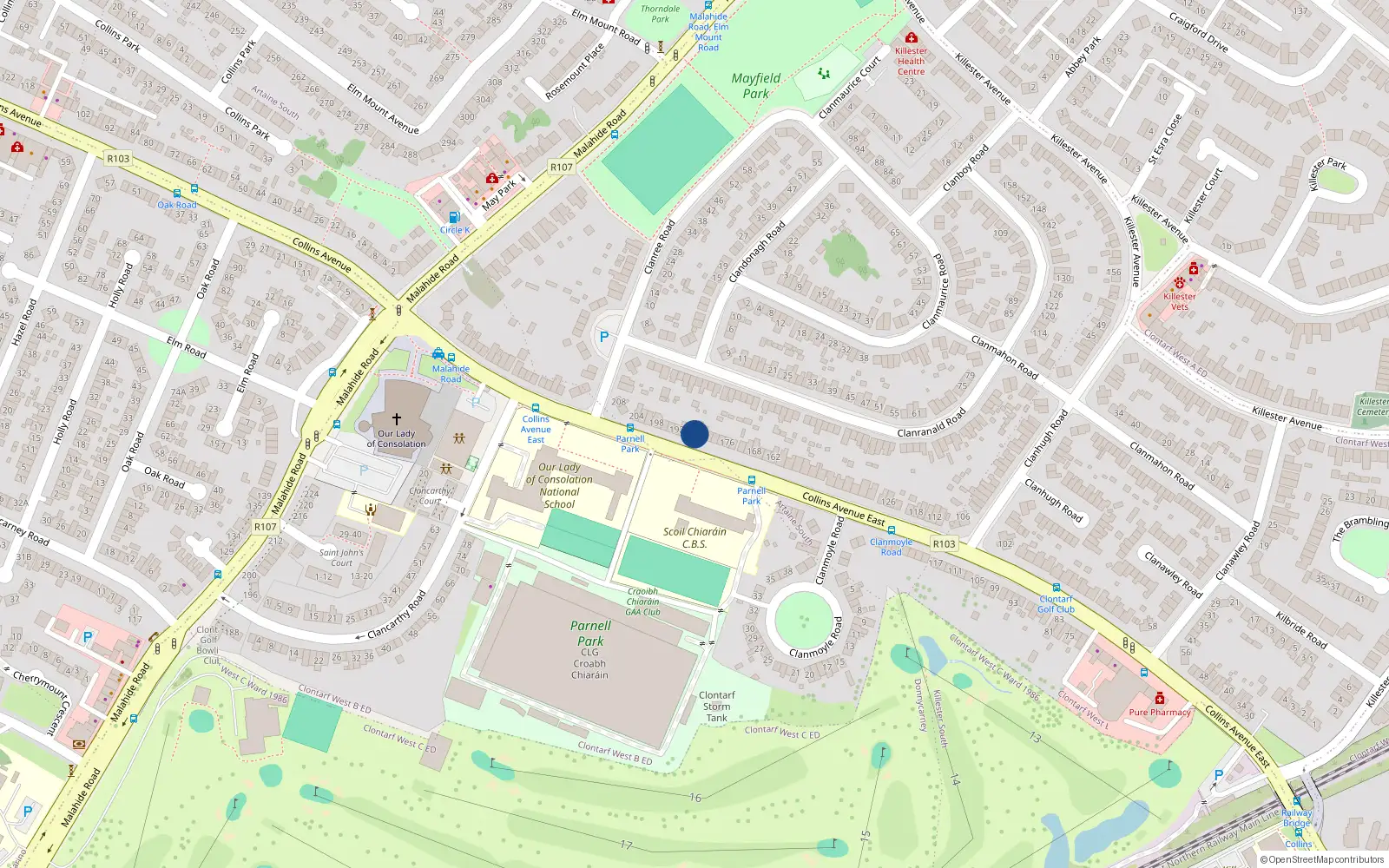 Overhead map showing the location of 186 Collins Avenue East, Dublin 5