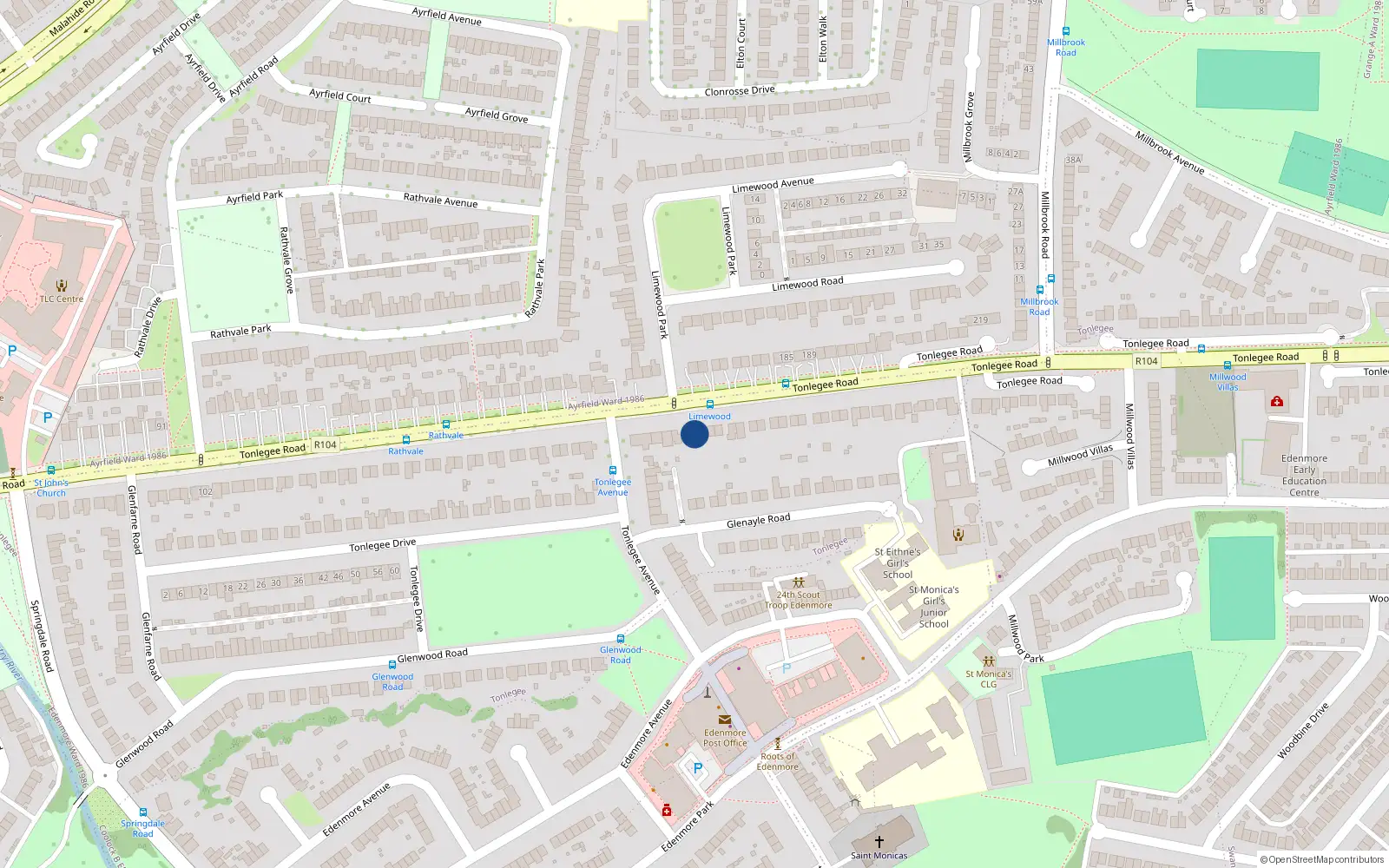 Overhead map showing the location of 186 Tonlegee Road, Raheny, Dublin 5