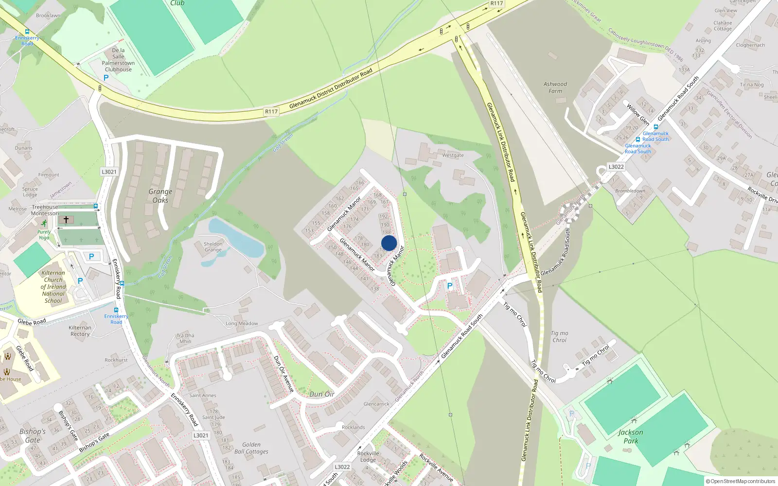 Overhead map showing the location of 187 Glenamuck Manor, Dublin 18