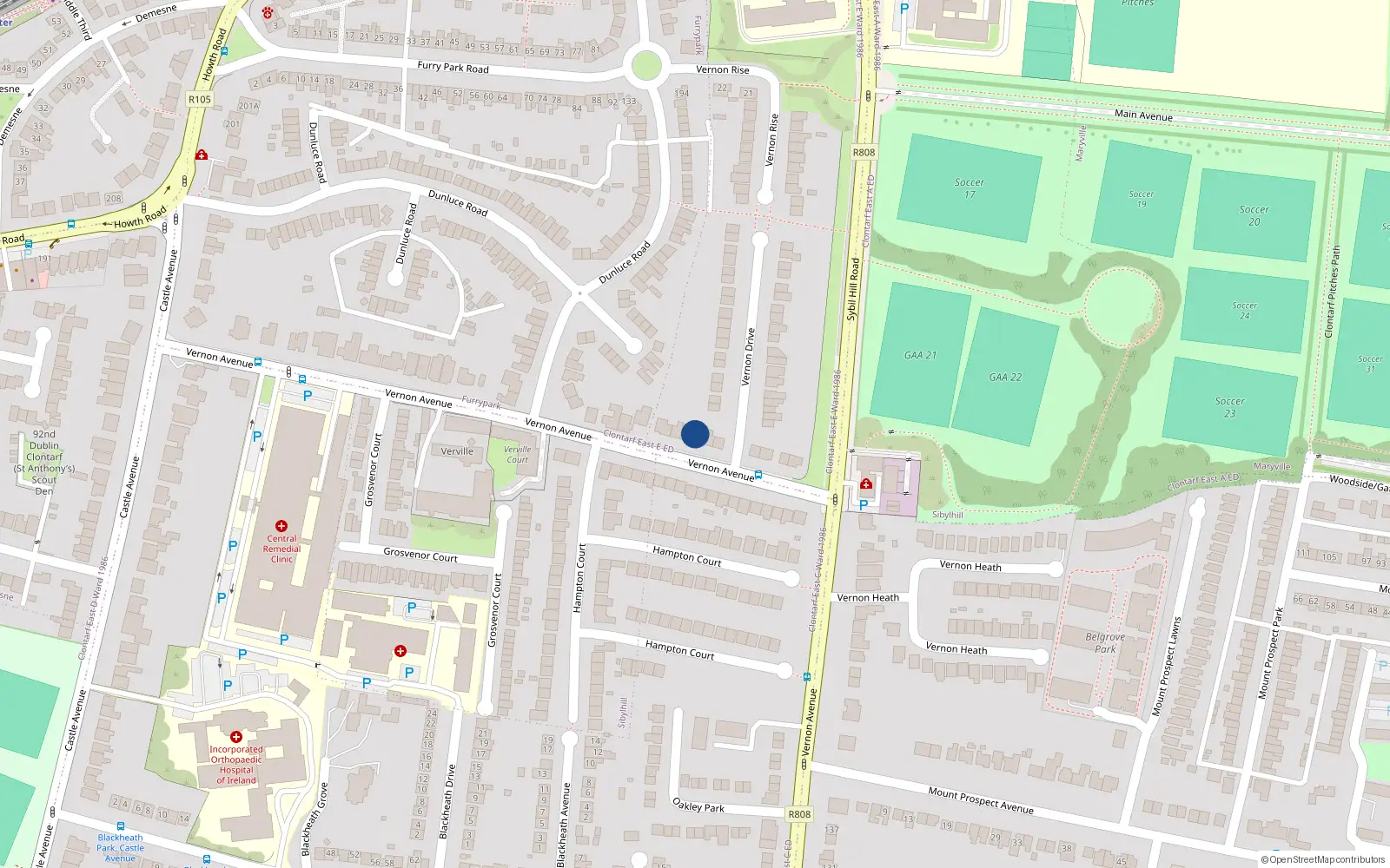 Overhead map showing the location of 187 Vernon Avenue, Dublin 3