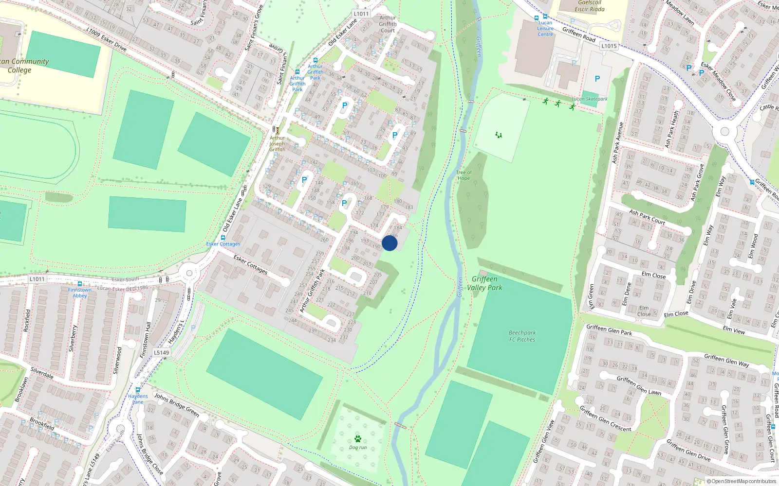 Overhead map showing the location of 188 Arthur Griffith Park, Lucan, Dublin
