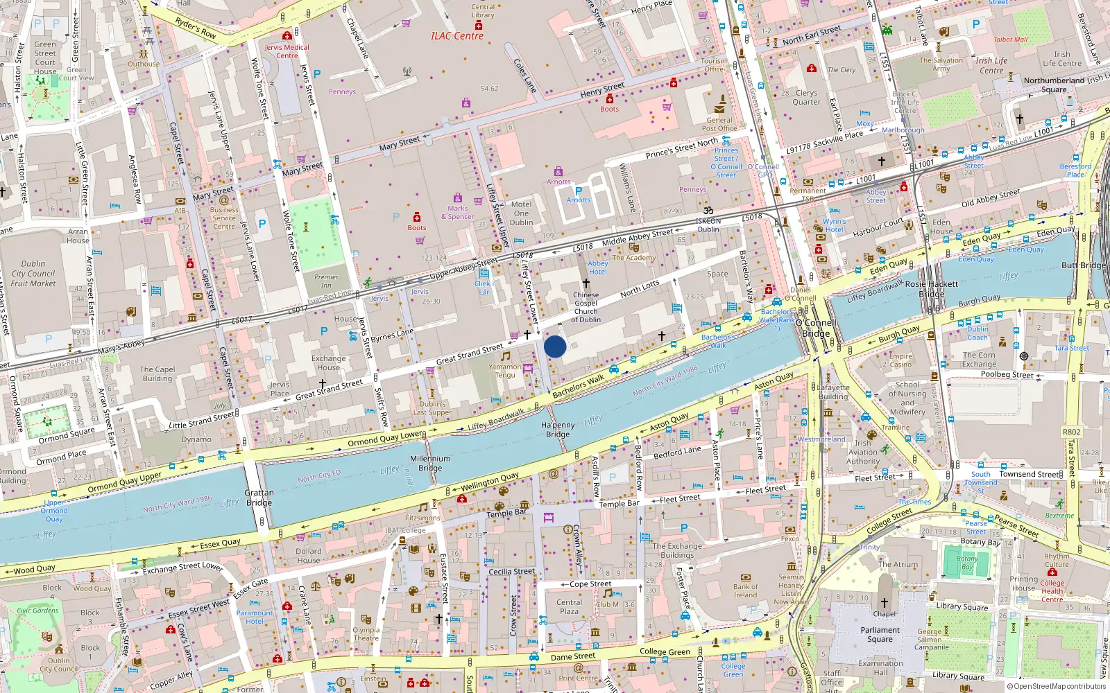 Overhead map showing the location of 188 Bachelors Walk, Dublin 1, Dublin