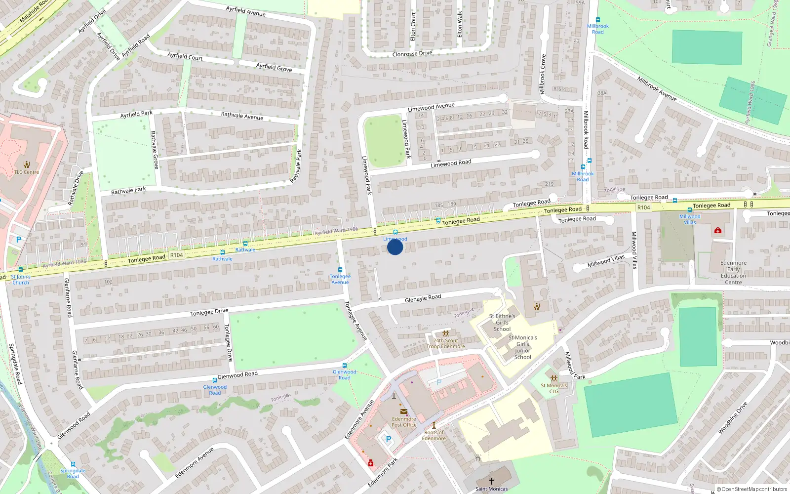 Overhead map showing the location of 188 Tonlegee Road, Dublin 5