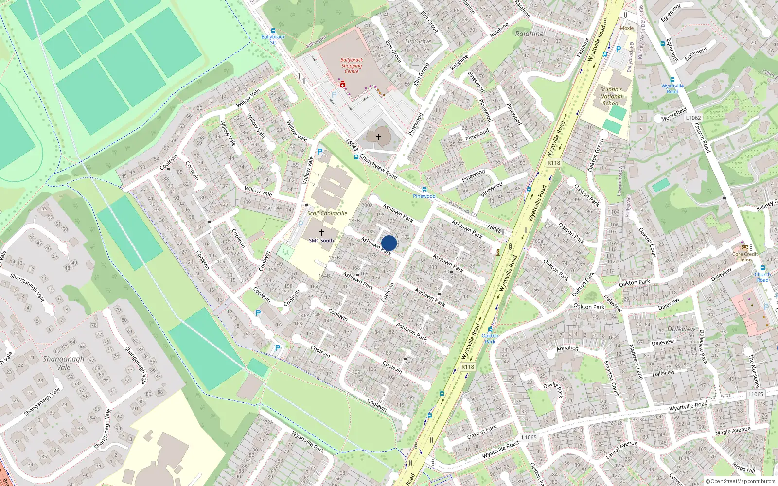 Overhead map showing the location of 189 Ashlawn Park, Dun Laoghaire