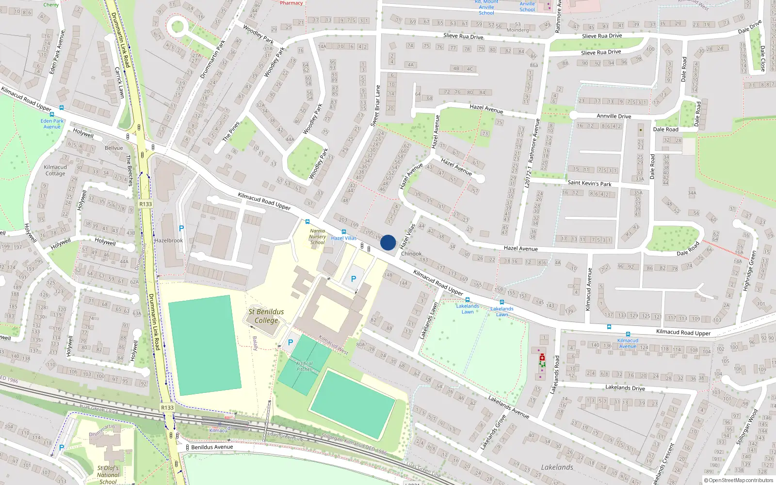 Overhead map showing the location of 189 Kilmacud Road Upper, Blackrock