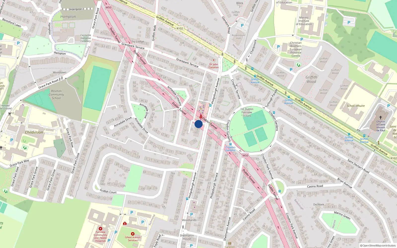 Overhead map showing the location of 189A Phililsburgh Avenue, Phibsboro, Dublin 3