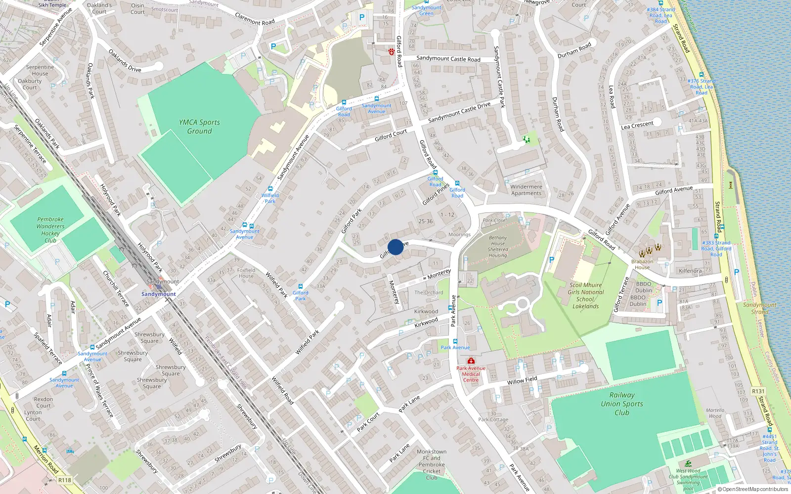 Overhead map showing the location of 18A Gilford Drive, Sandymount