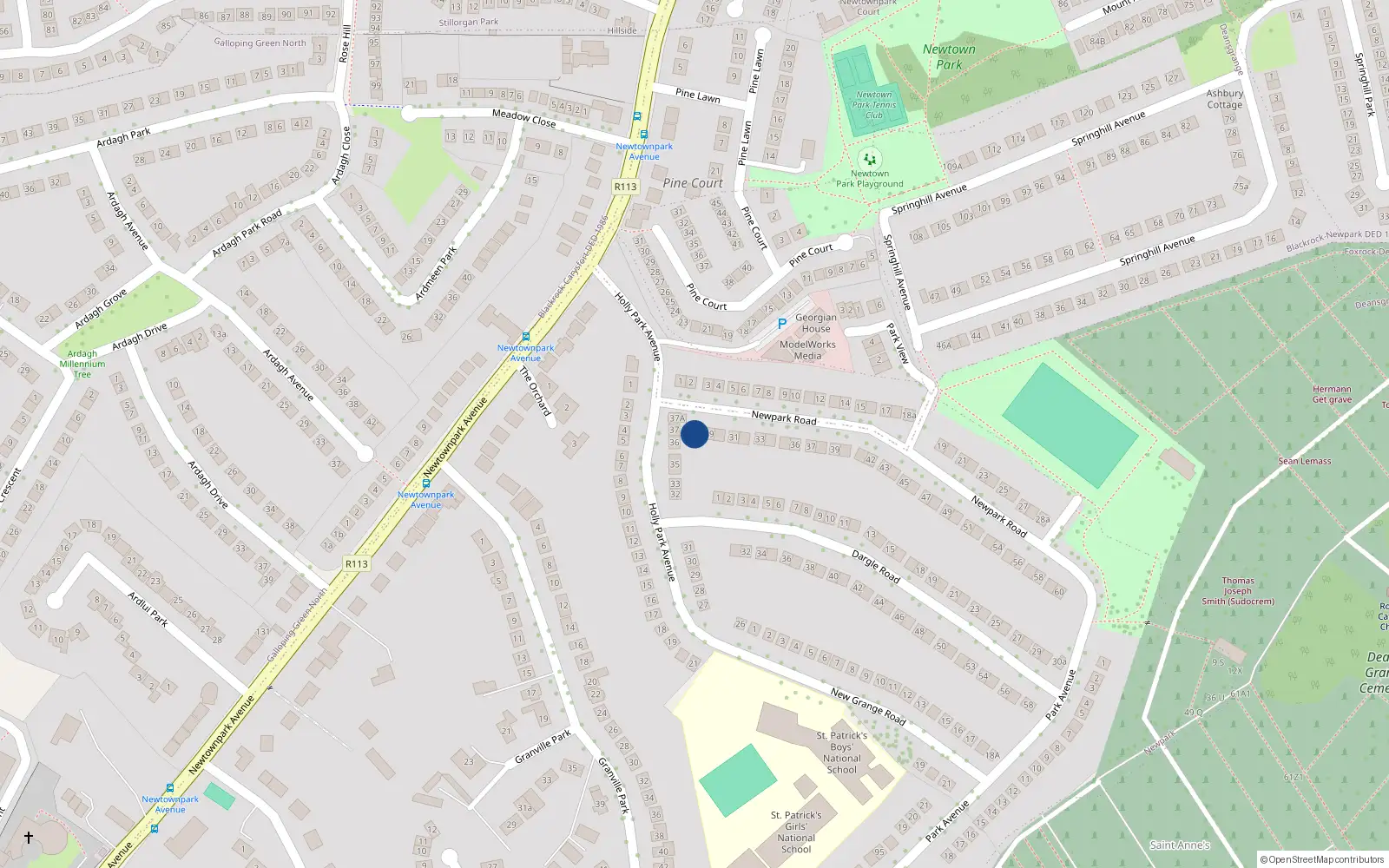 Overhead map showing the location of 18 New Park Road, Blackrock