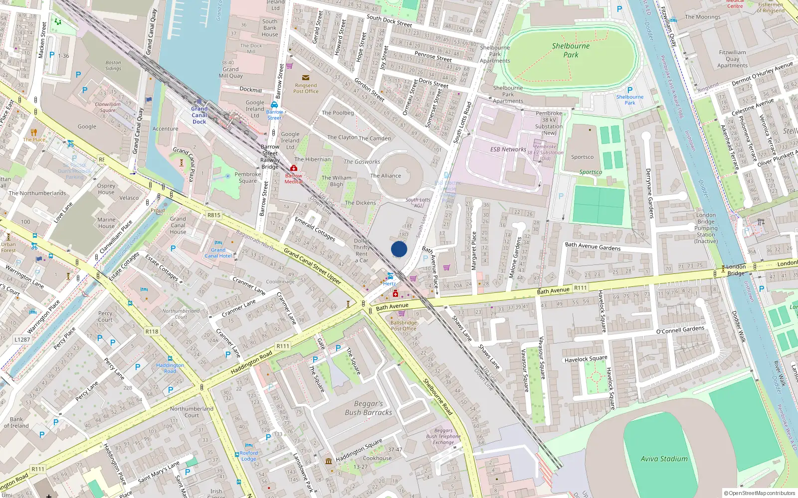 Overhead map showing the location of 18B South Lotts Road, Dublin 4
