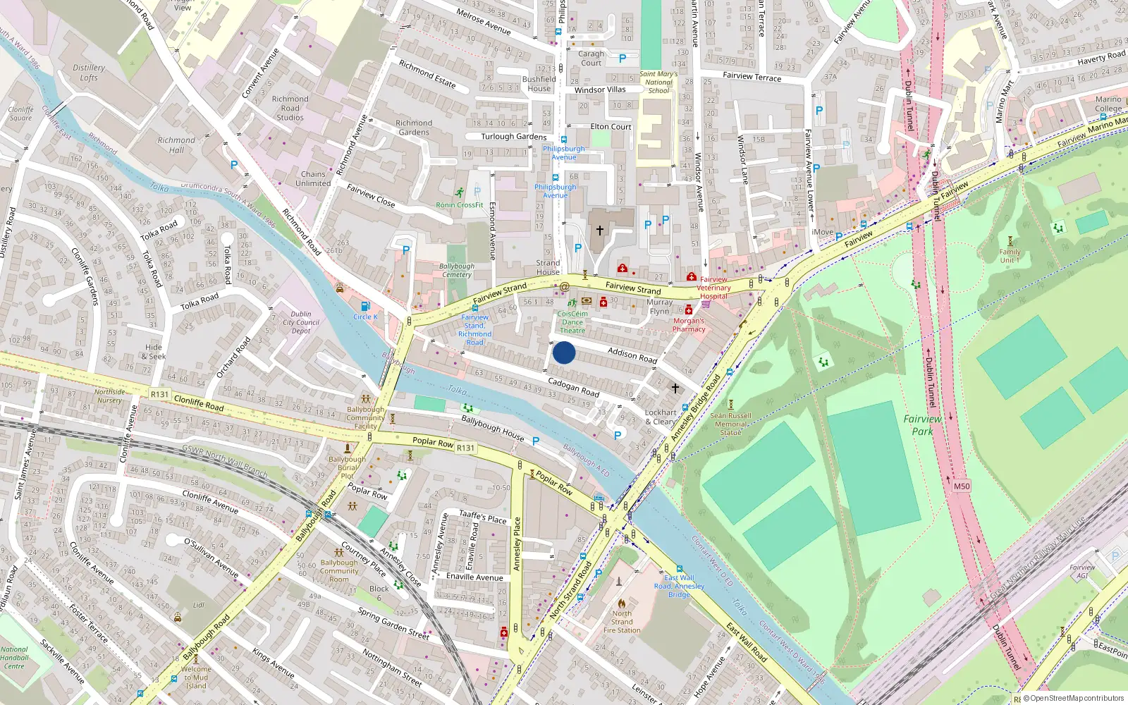 Overhead map showing the location of 19 Addison Road, Fairview, Dublin City