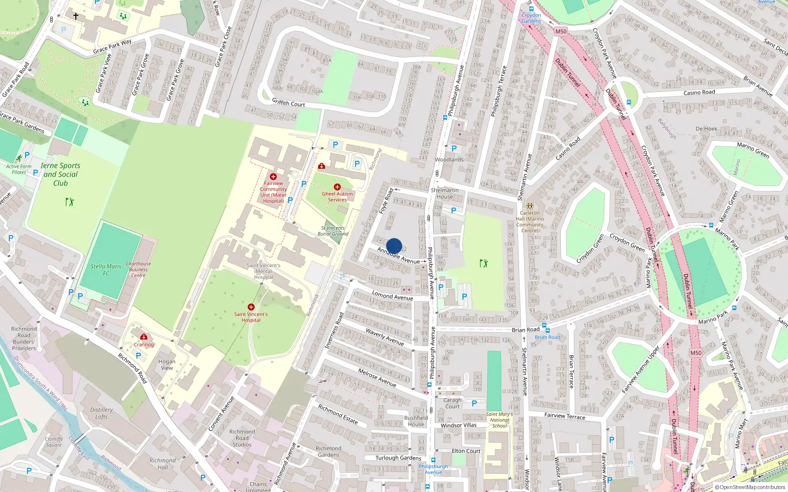 Overhead map showing the location of 19 Annadale Avenue, Fairview, Dublin 3