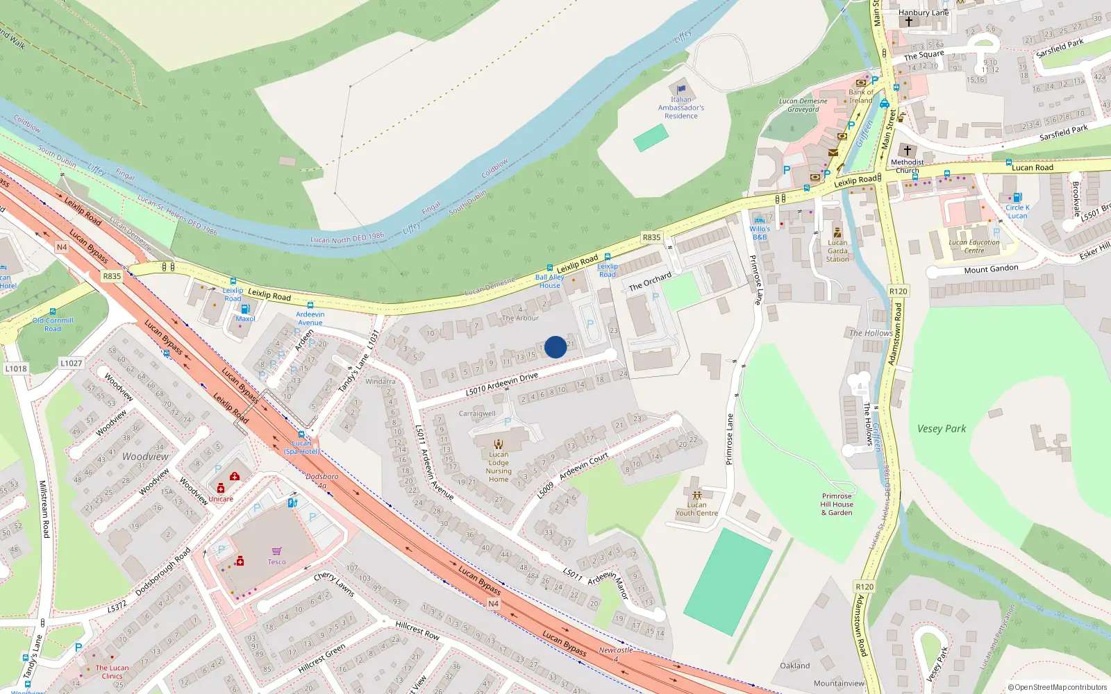 Overhead map showing the location of 19 Ardeevin Drive, Lucan, Dublin