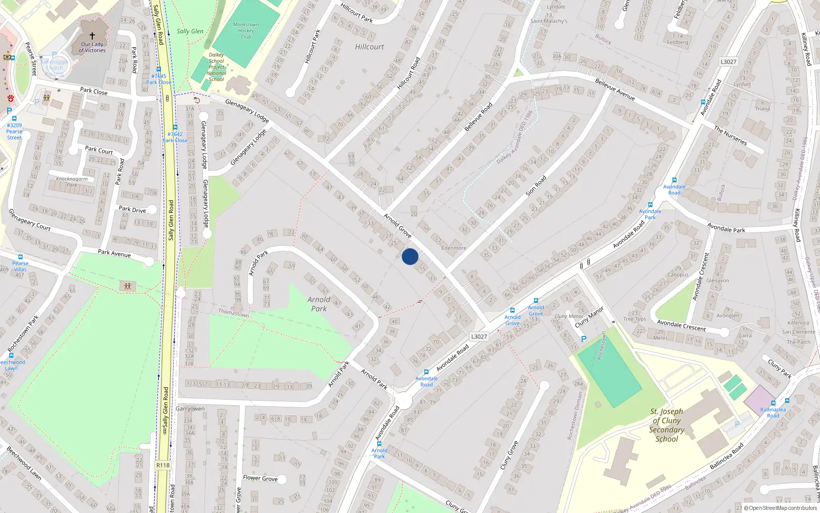 Overhead map showing the location of 19 Arnold Grove, Glenageary, Dublin