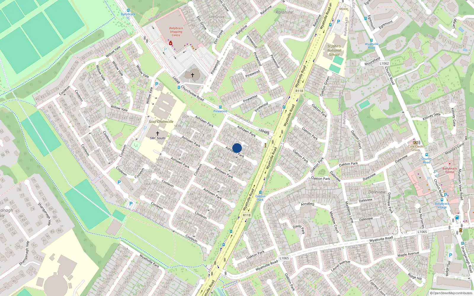 Overhead map showing the location of 19 Ashlawn Park, Ballybrack, Dun Laoghaire
