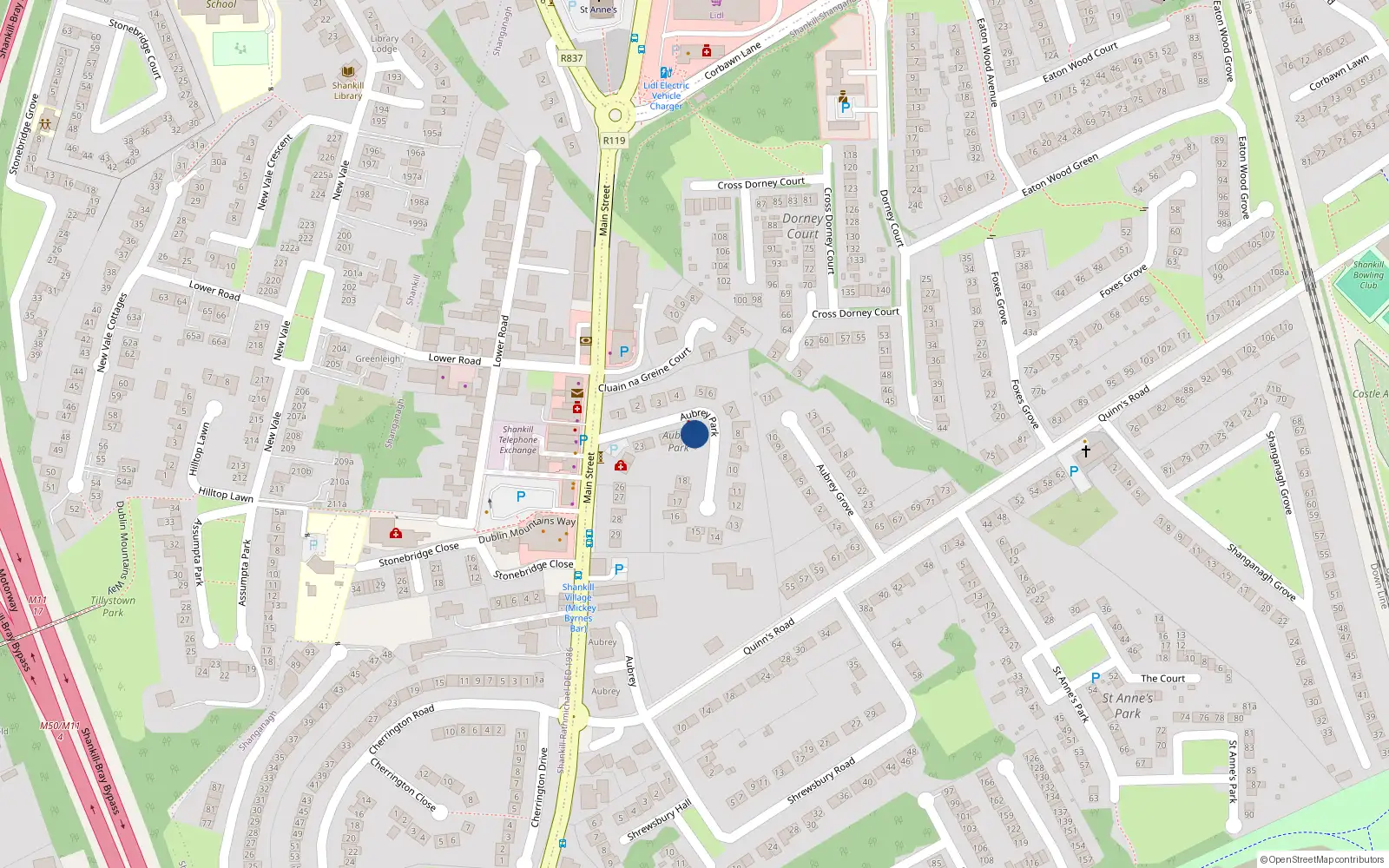 Overhead map showing the location of 19 Aubrey Park, Shankill