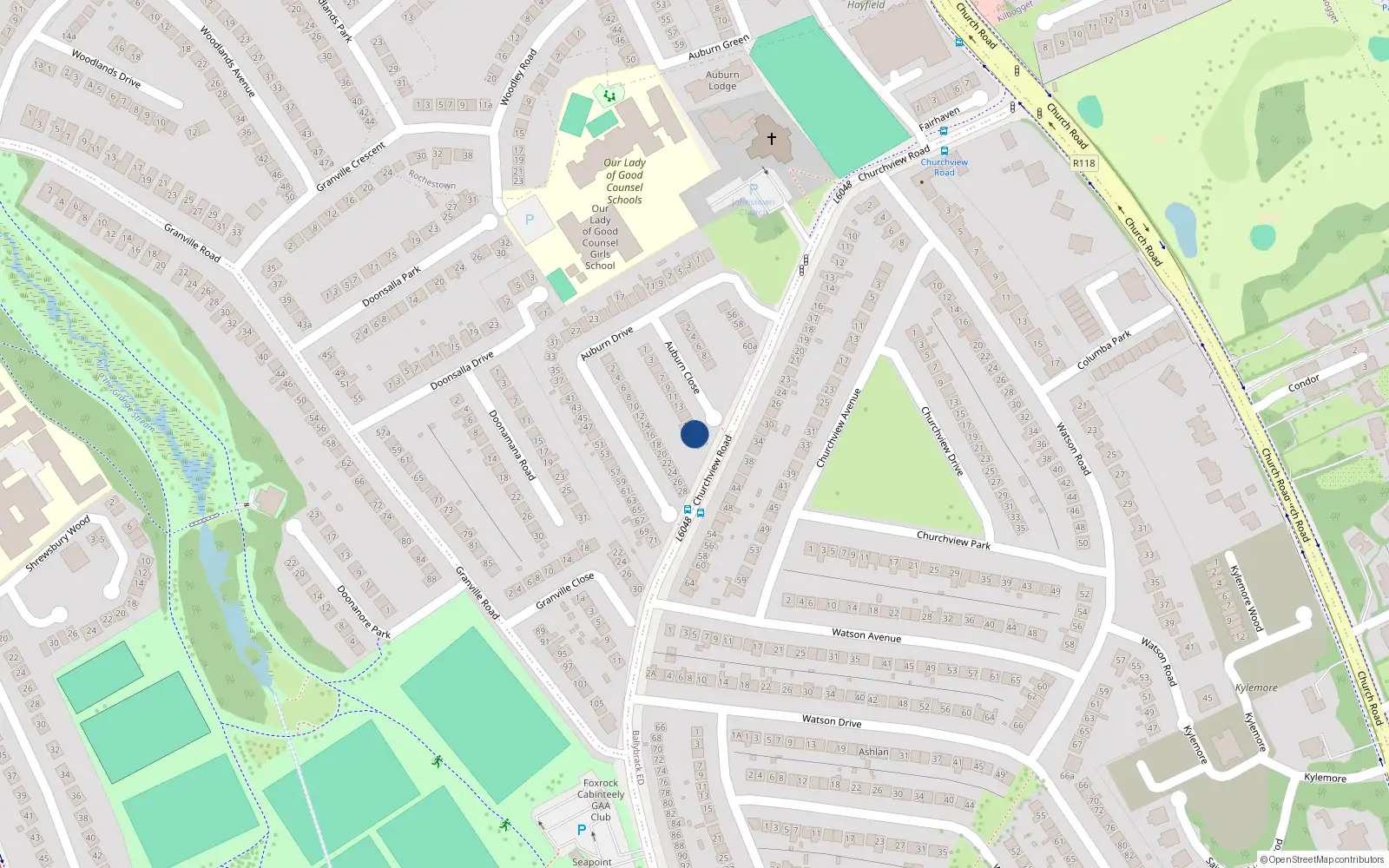 Overhead map showing the location of 19 Auburn Close, Ballybrack