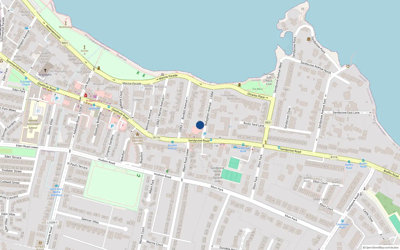 Overhead map showing the location of 19 Ballygihen Avenue, Sandycove