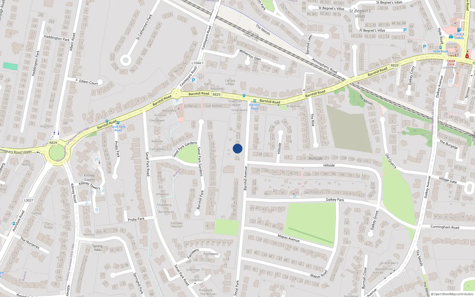 Overhead map showing the location of 19 Barnhill Avenue, Dalkey