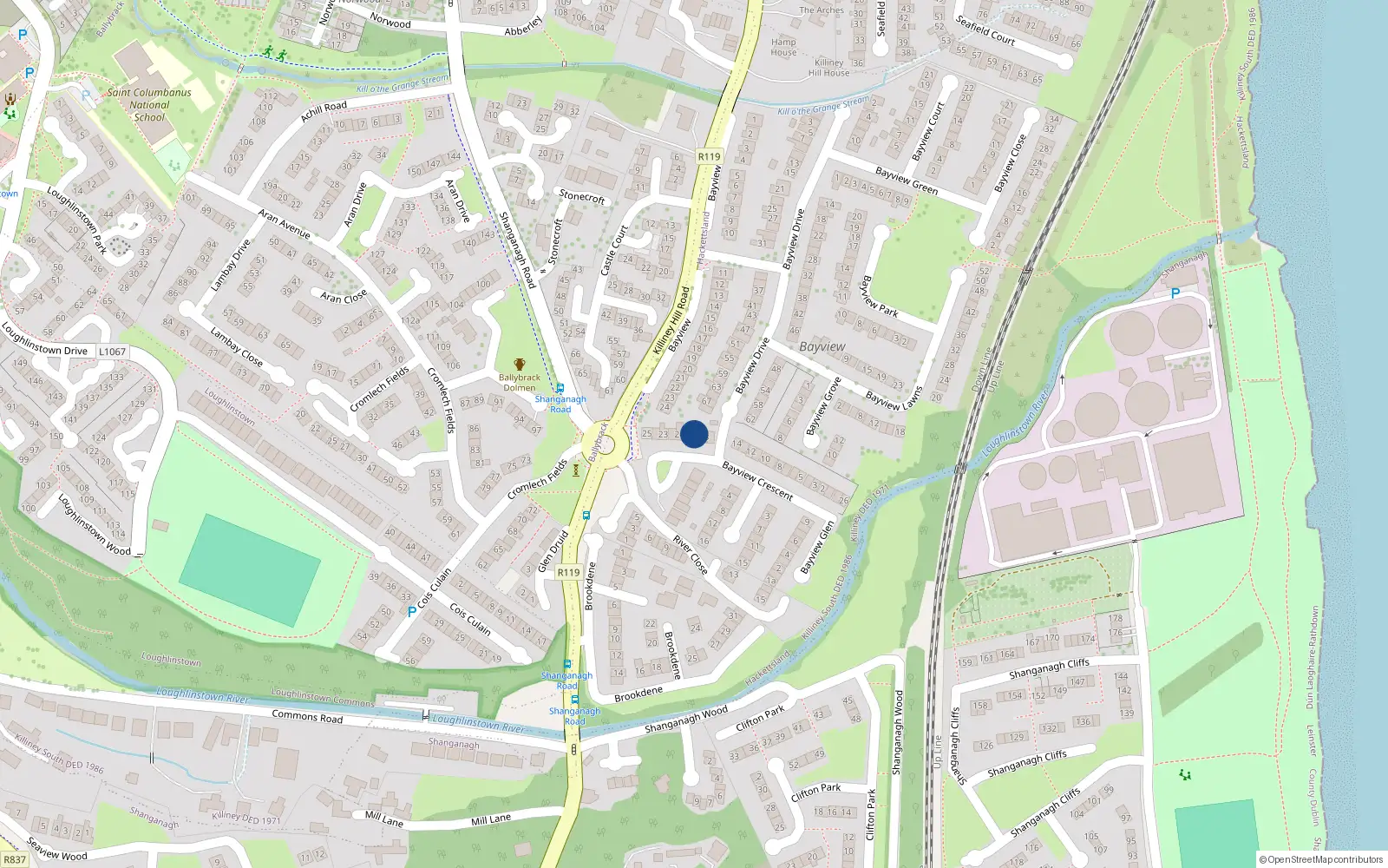 Overhead map showing the location of 19 Bayview Crescent, Killiney