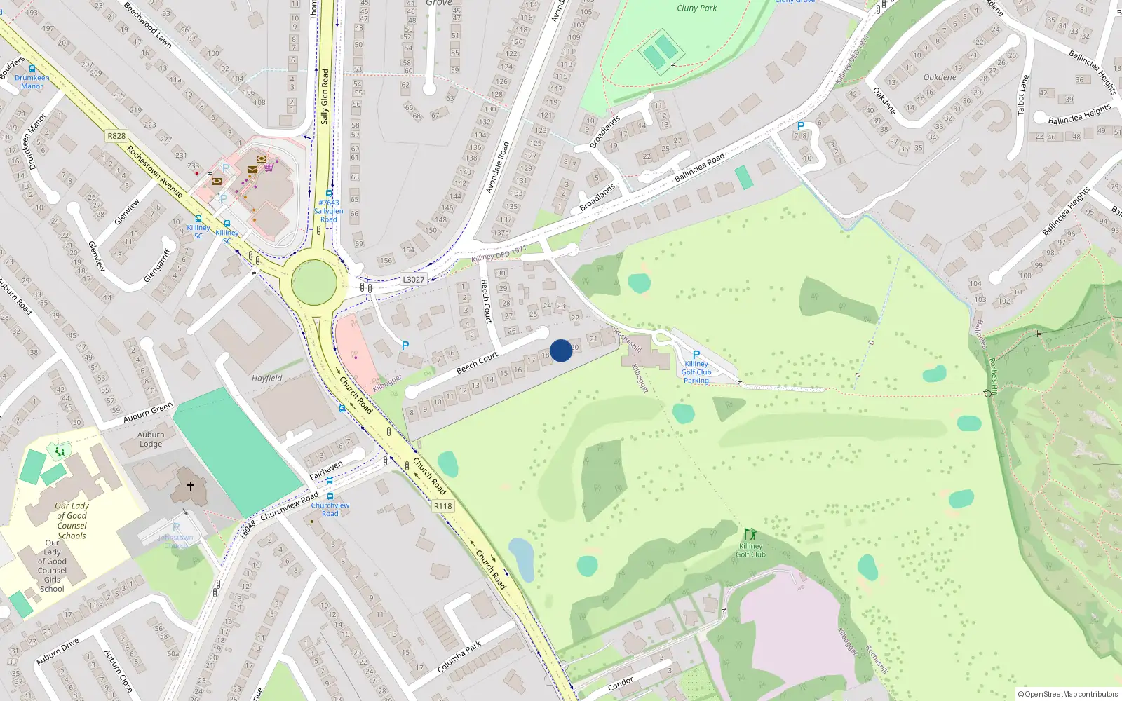 Overhead map showing the location of 19 Beech Court, Killiney