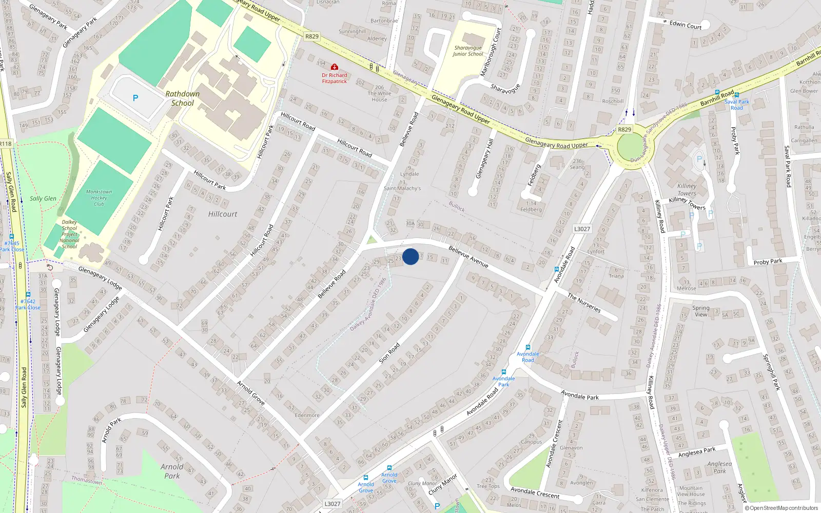 Overhead map showing the location of 19 Bellevue Avenue, Glenageary, Dublin