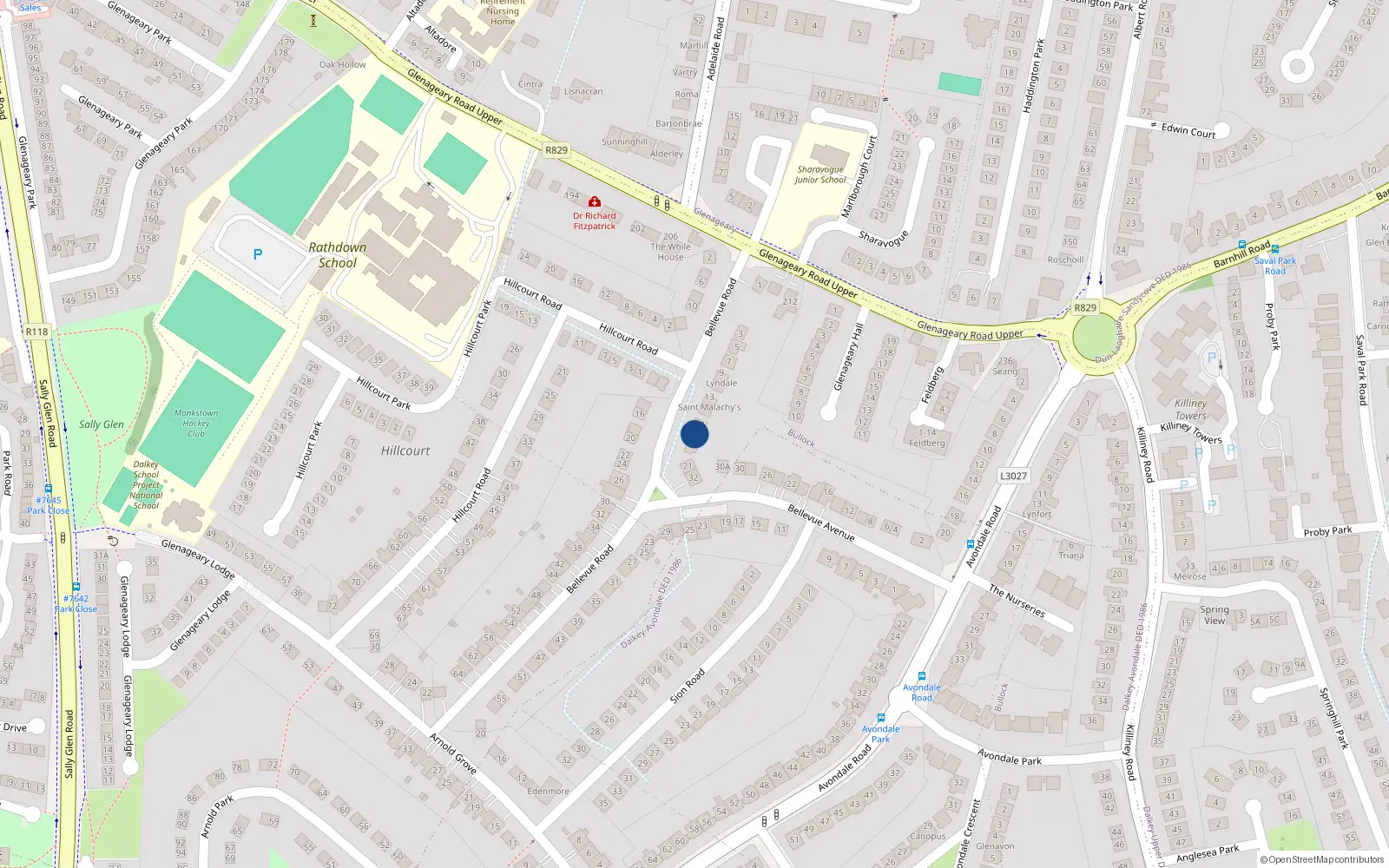 Overhead map showing the location of 19 Bellevue Road, Glenageary, Dublin