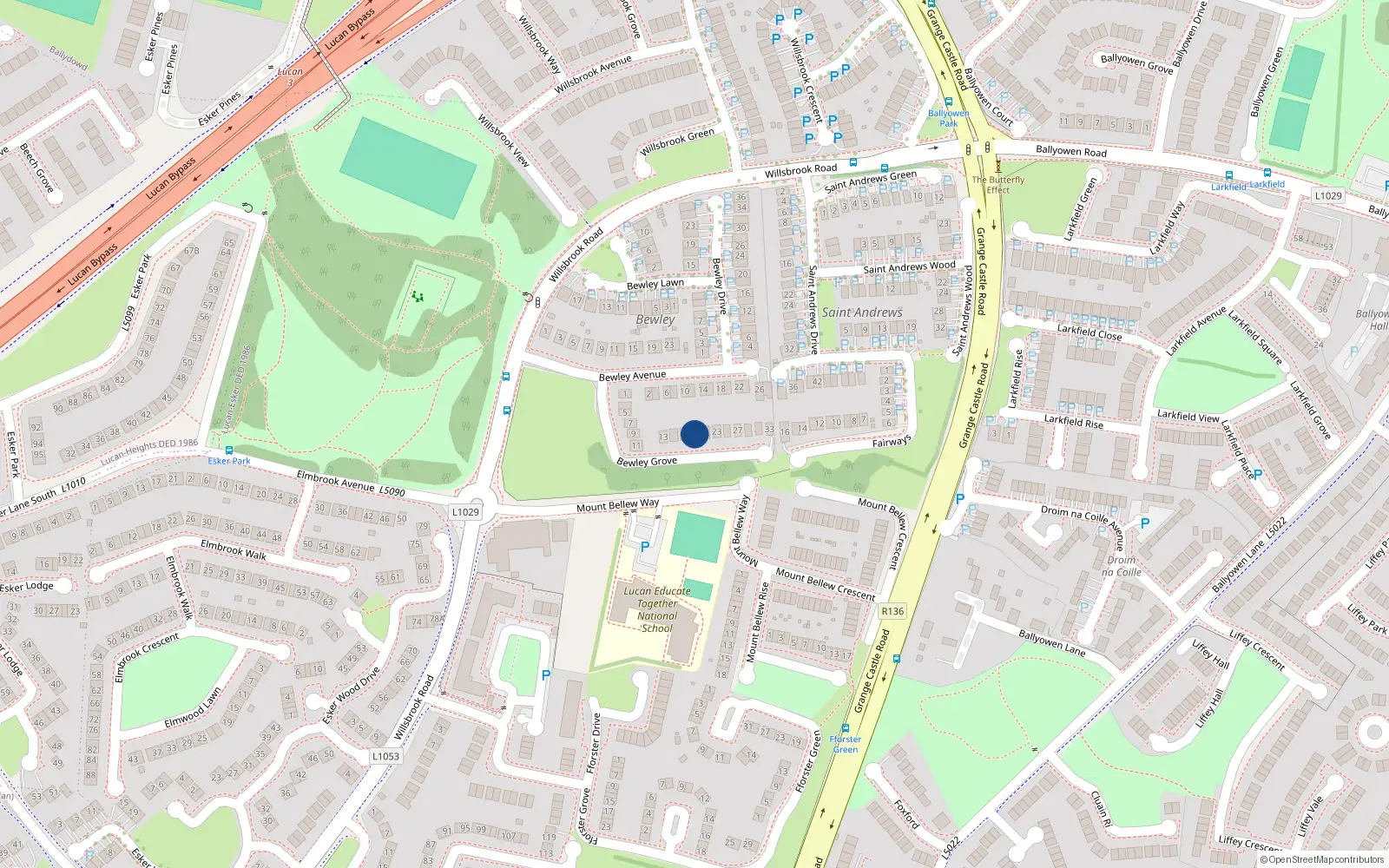 Overhead map showing the location of 19 Bewley Grove, Lucan
