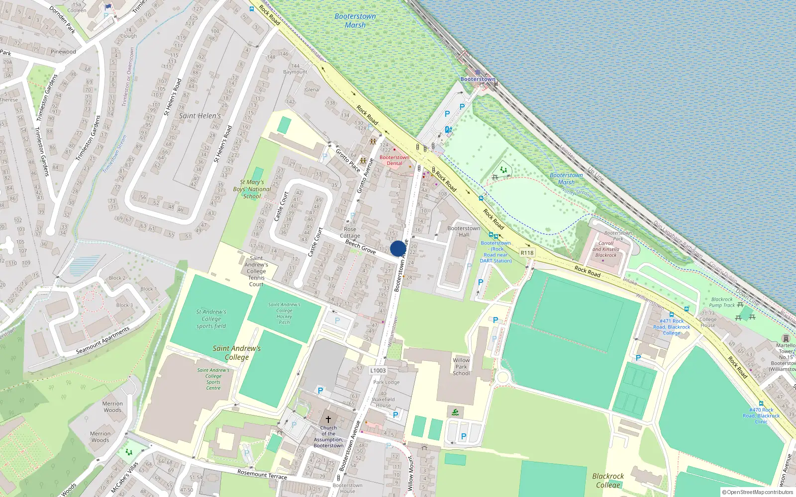Overhead map showing the location of 19 Booterstown Avenue, Booterstown