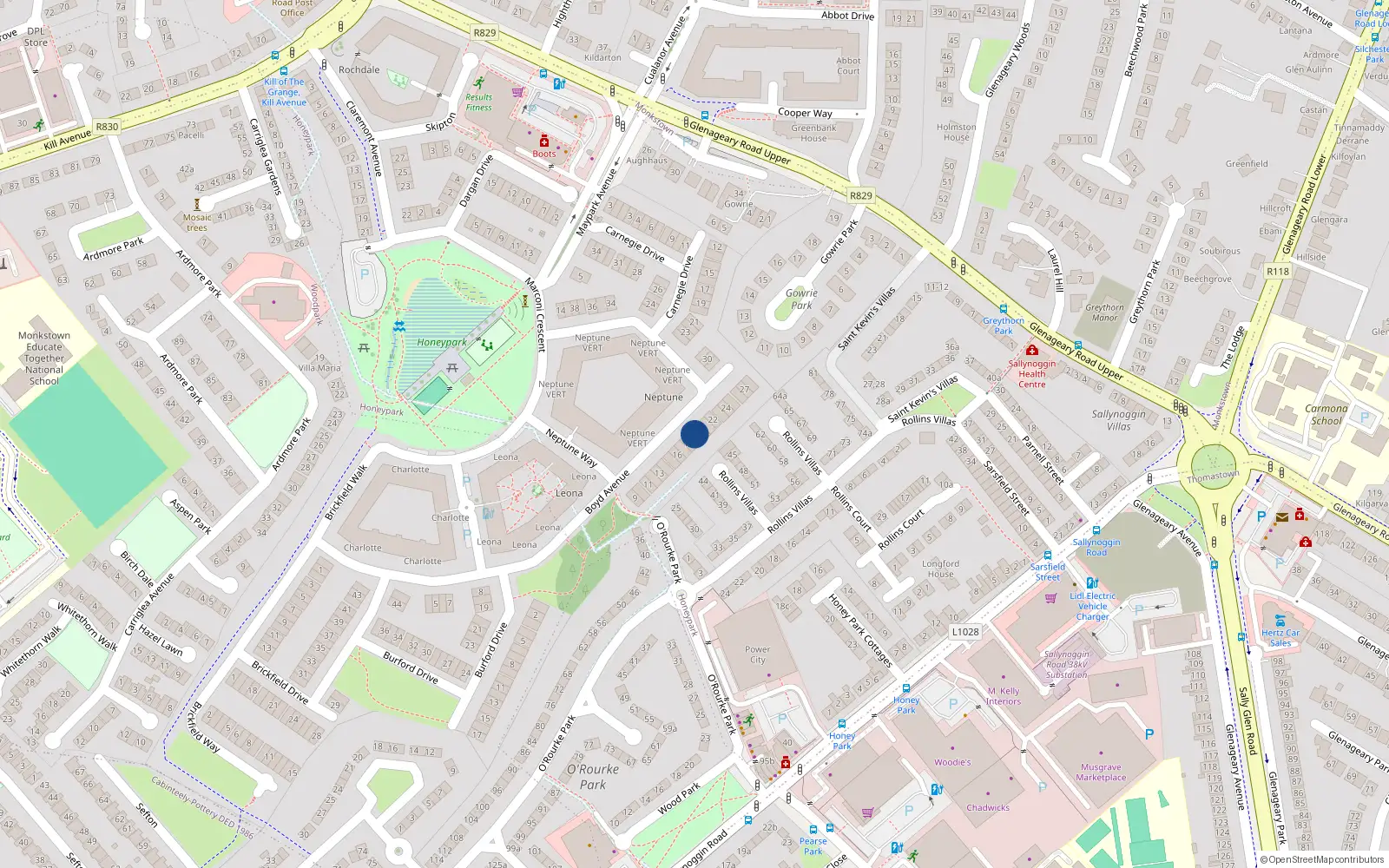 Overhead map showing the location of 19 Boyd Avenue, Dun Laoghaire