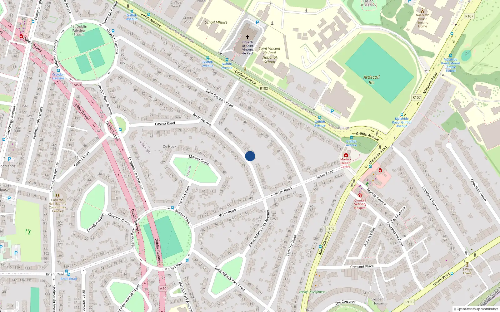 Overhead map showing the location of 19 Brian Avenue, Marino, Dublin 3