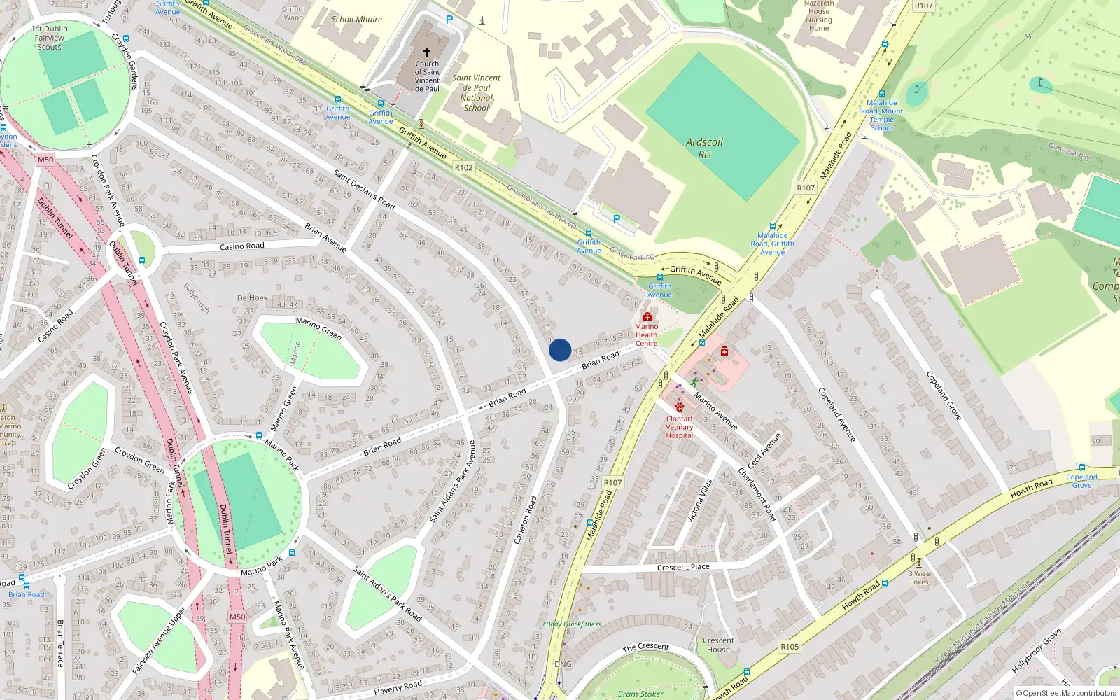 Overhead map showing the location of 19 Brian Road, Dublin 3