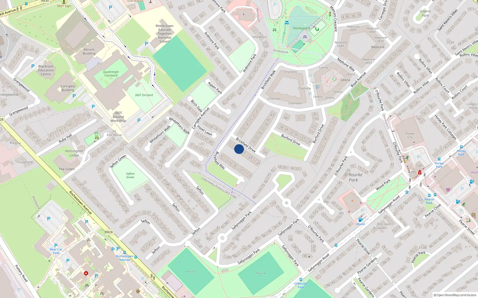 Overhead map showing the location of 19 Brickfield Drive, Dun Laoghaire