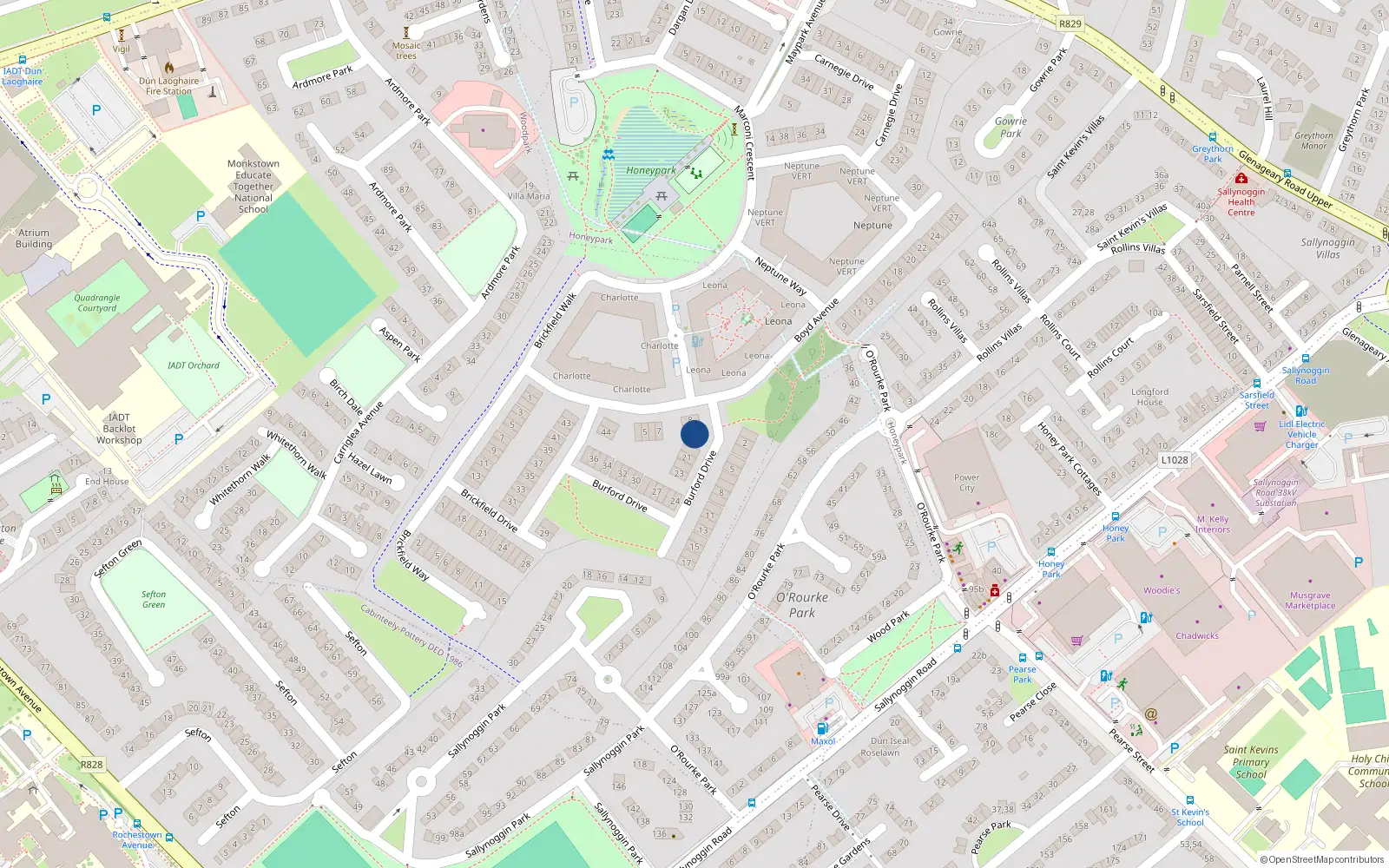 Overhead map showing the location of 19 Burford Drive, Honeypark, Dun Laoghaire