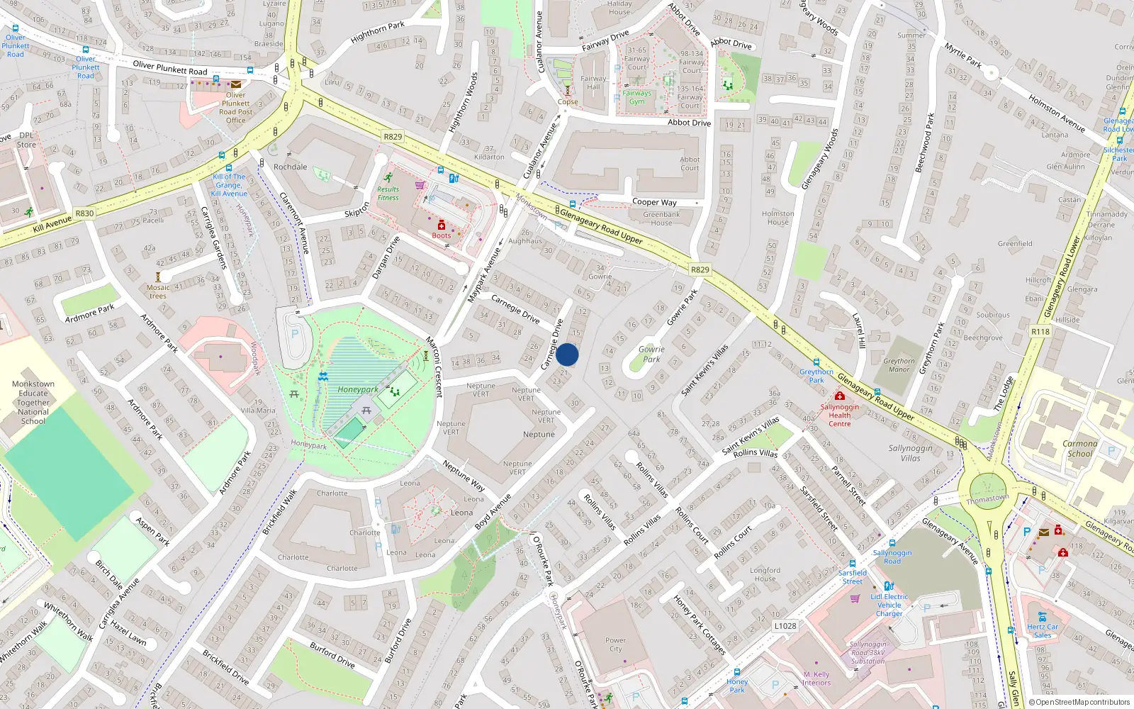 Overhead map showing the location of 19 Carnegie Drive, Dun Laoghaire