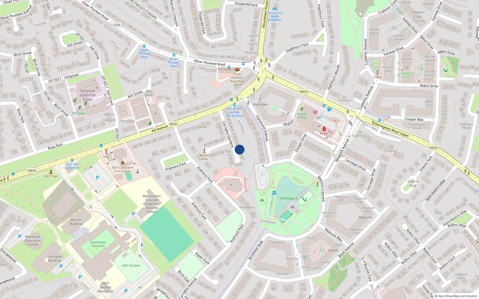 Overhead map showing the location of 19 Carriglea Gardens, Kill Avenue, Dun Laoghaire