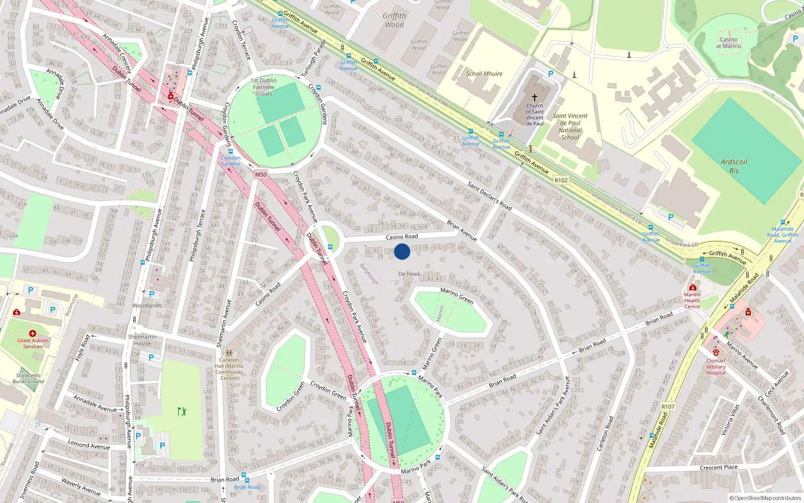 Overhead map showing the location of 19 Casino Road, Marino, Dublin 3