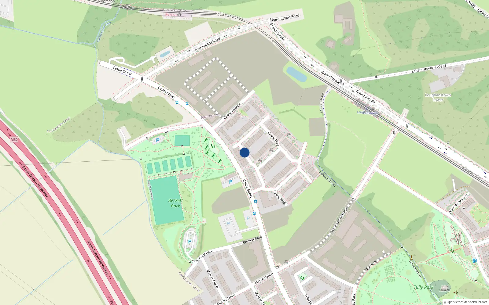 Overhead map showing the location of 19 Castle Way, Laughanstown