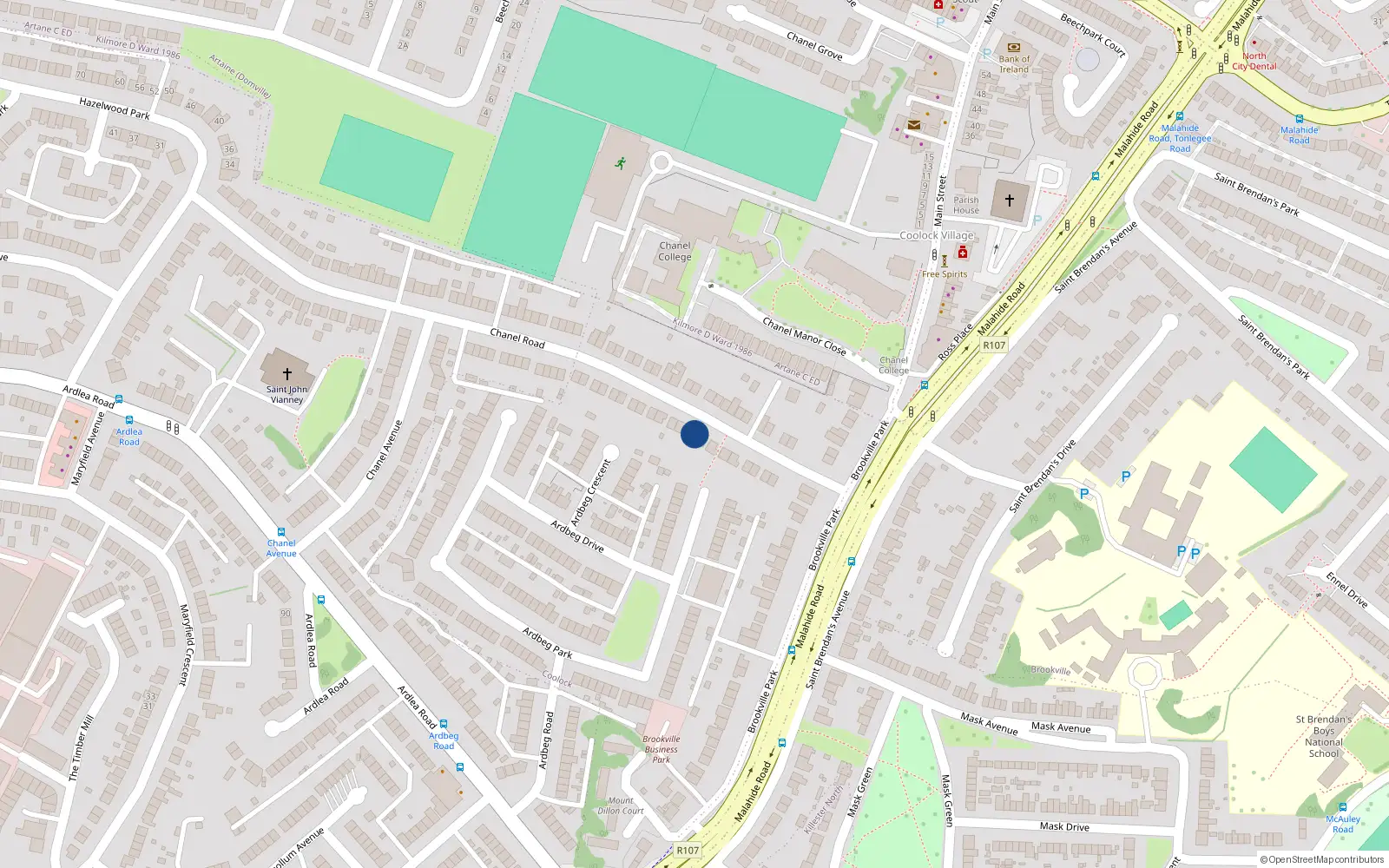 Overhead map showing the location of 19 Chanel Road, Dublin 5