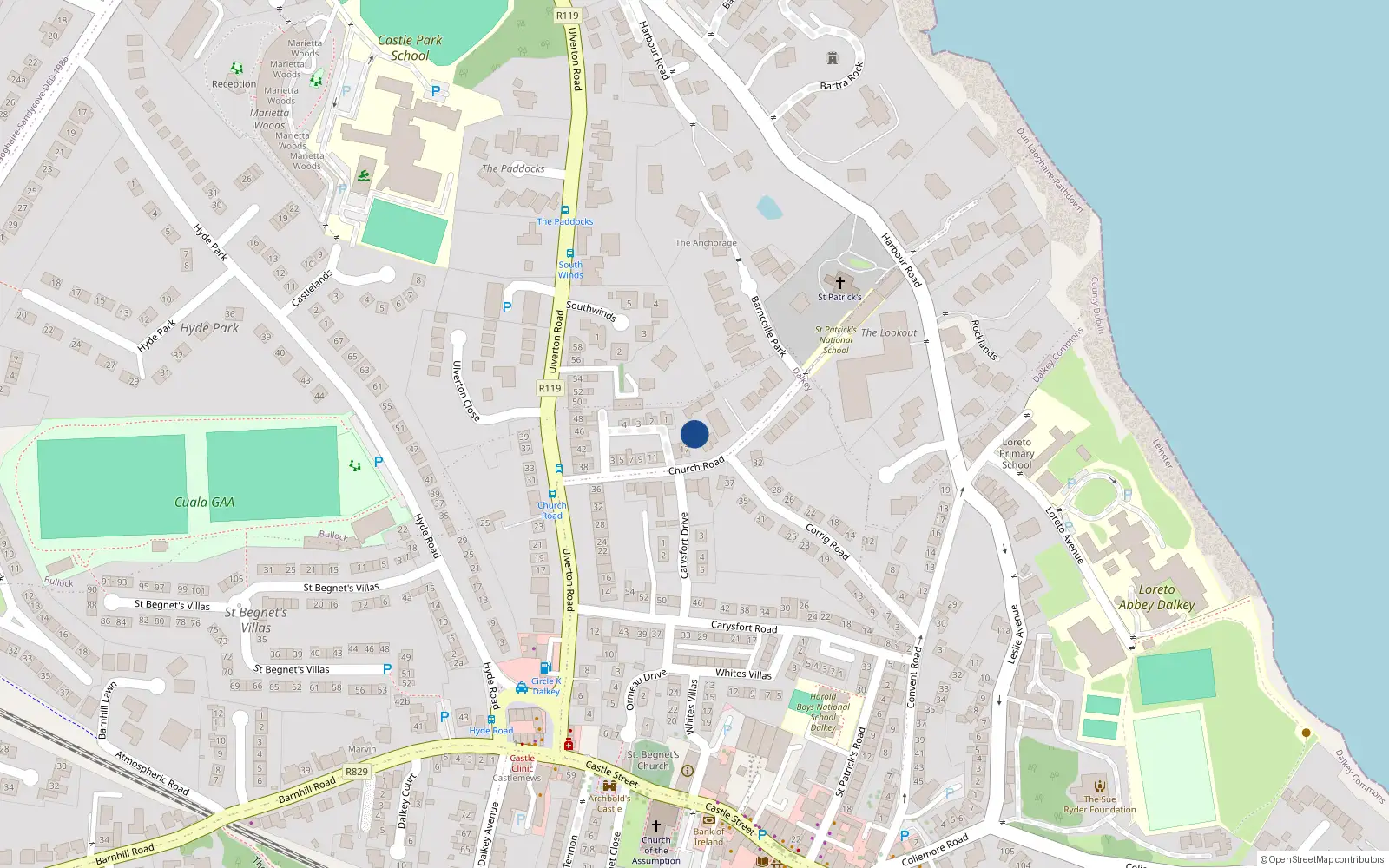 Overhead map showing the location of 19 Church Road, Dalkey