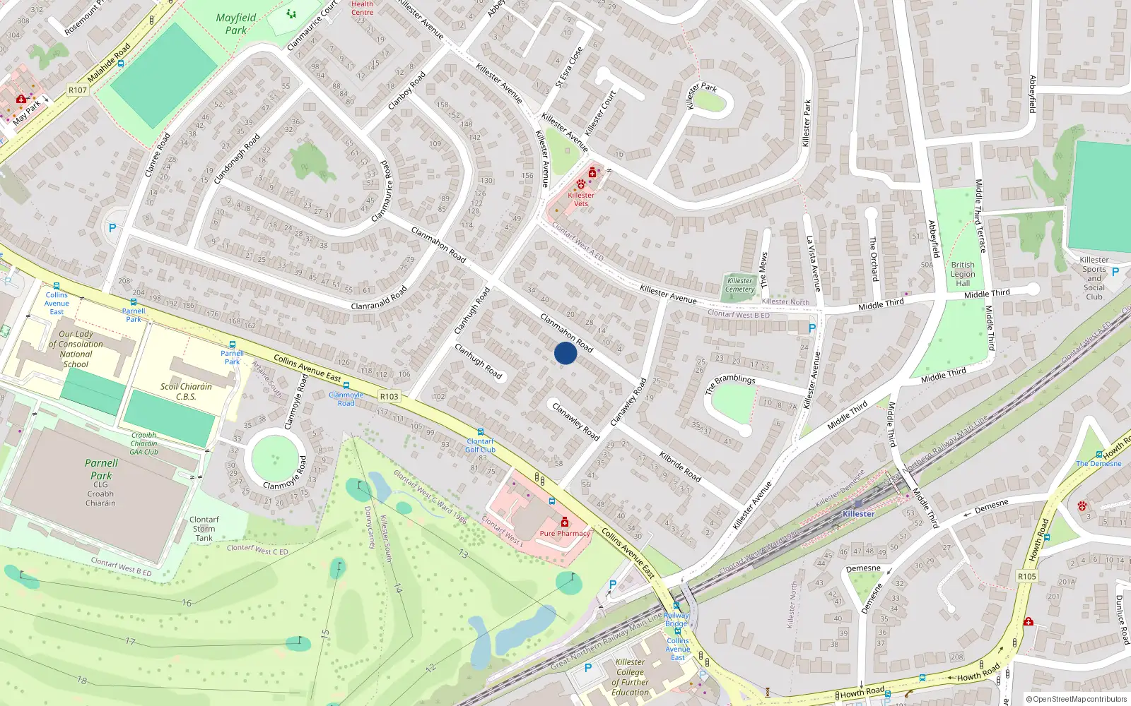 Overhead map showing the location of 19 Clanmahon Road, Donnycarney, Dublin 5