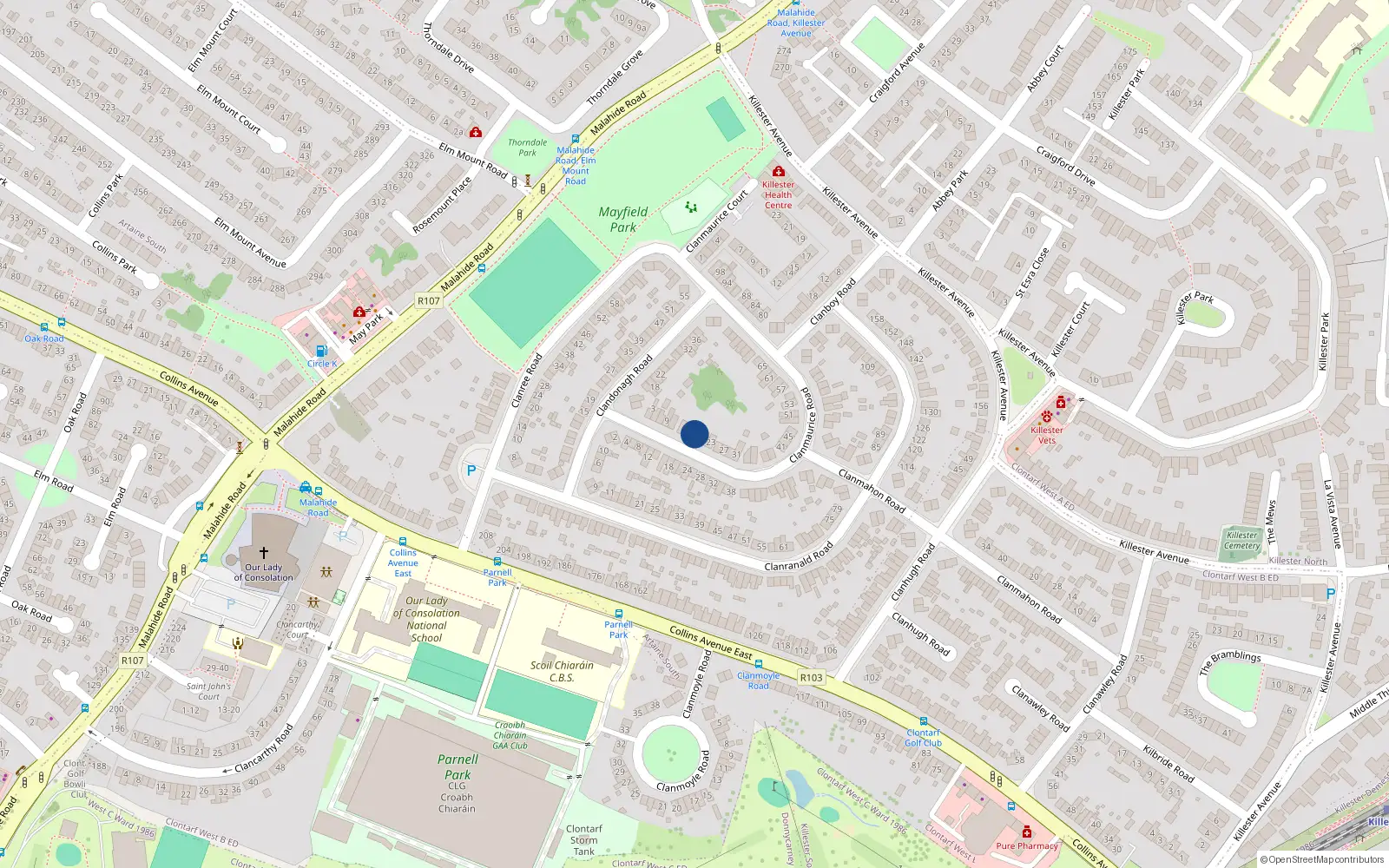 Overhead map showing the location of 19 Clanmaurice Road, Dublin 5