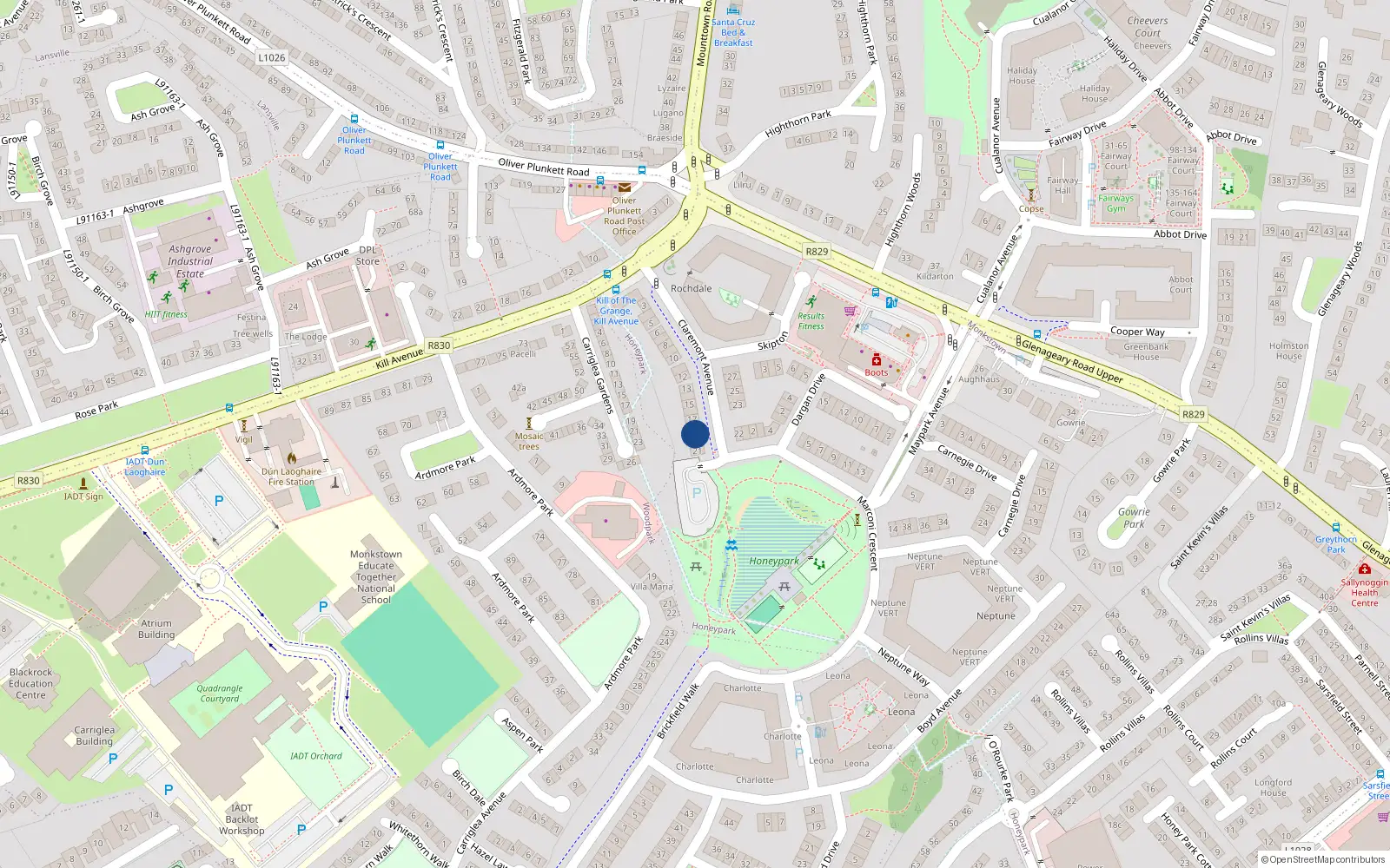 Overhead map showing the location of 19 Claremont Avenue, Dun Laoghaire