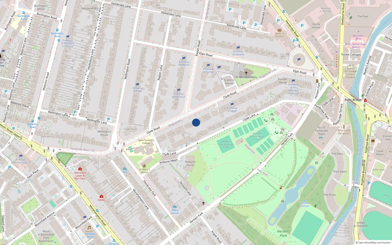 Overhead map showing the location of 19 Clyde Road, Dublin