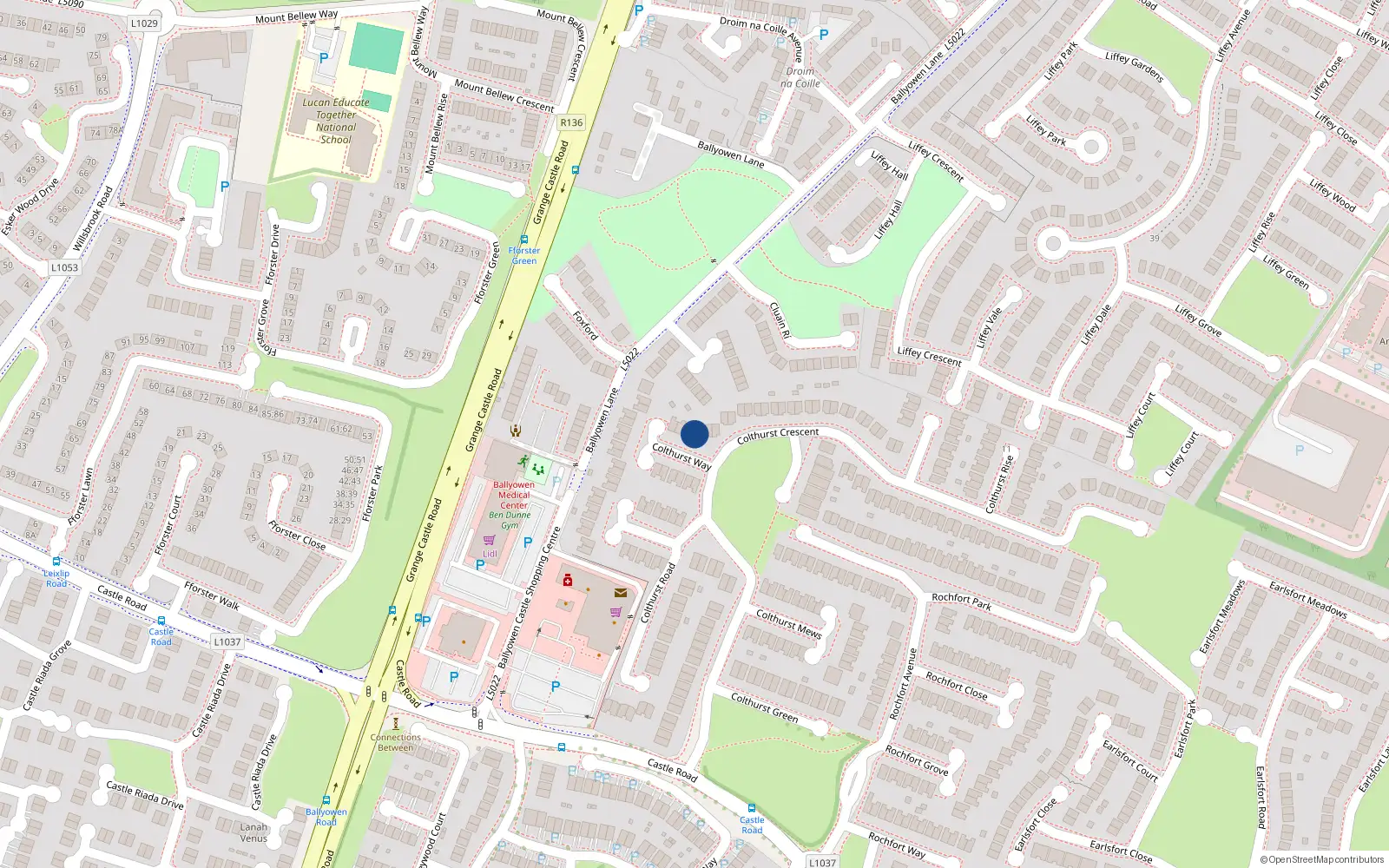 Overhead map showing the location of 19 Colthurst Way, Lucan