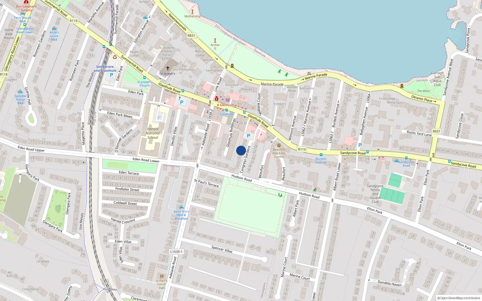 Overhead map showing the location of 19 Congress Gardens, Glasthule, Dublin