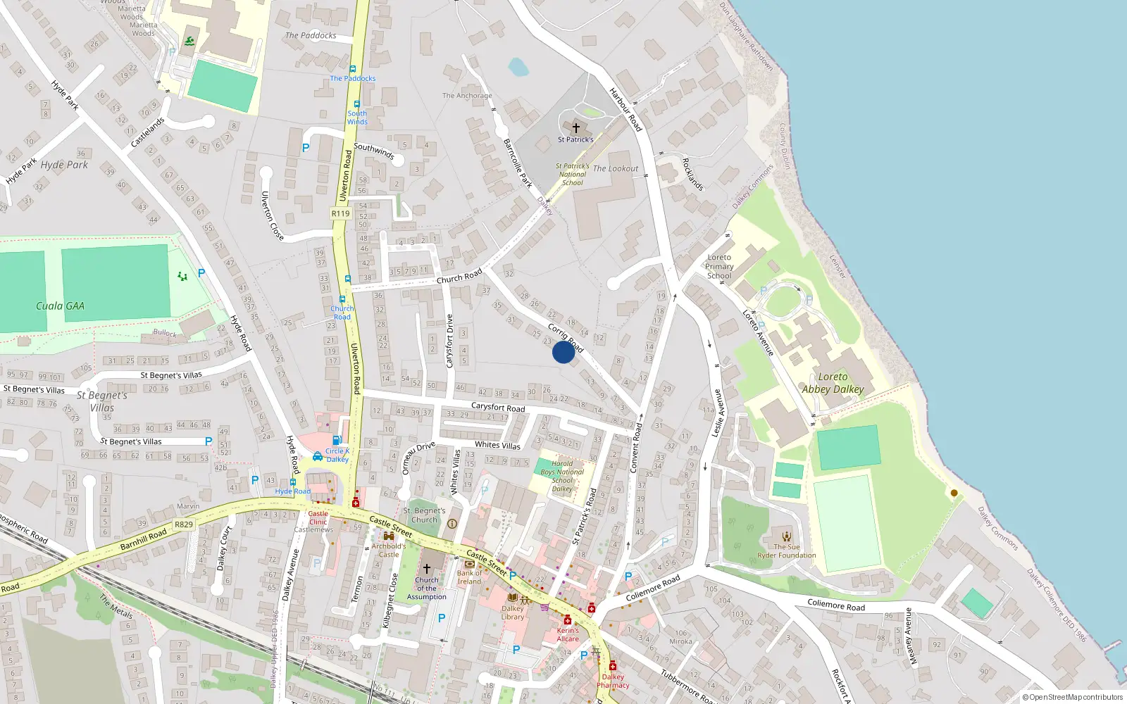 Overhead map showing the location of 19 Corrig Road, Dalkey