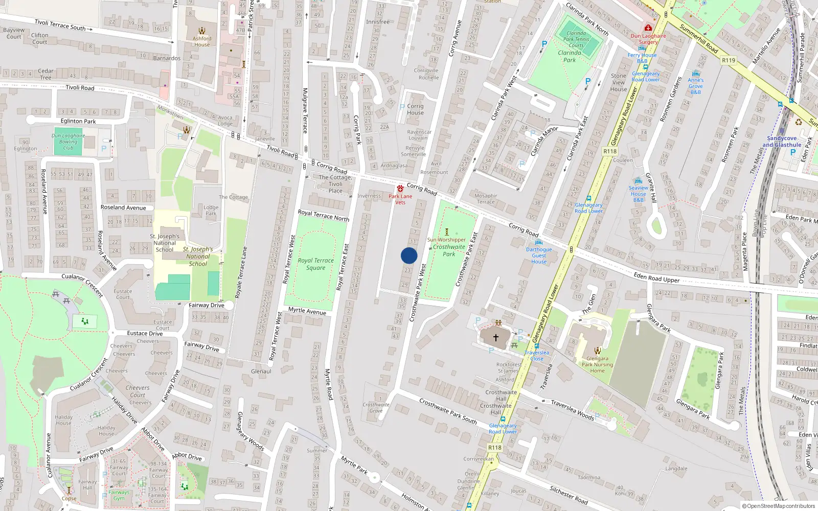 Overhead map showing the location of 19 Crosthwaite Park West, Dublin