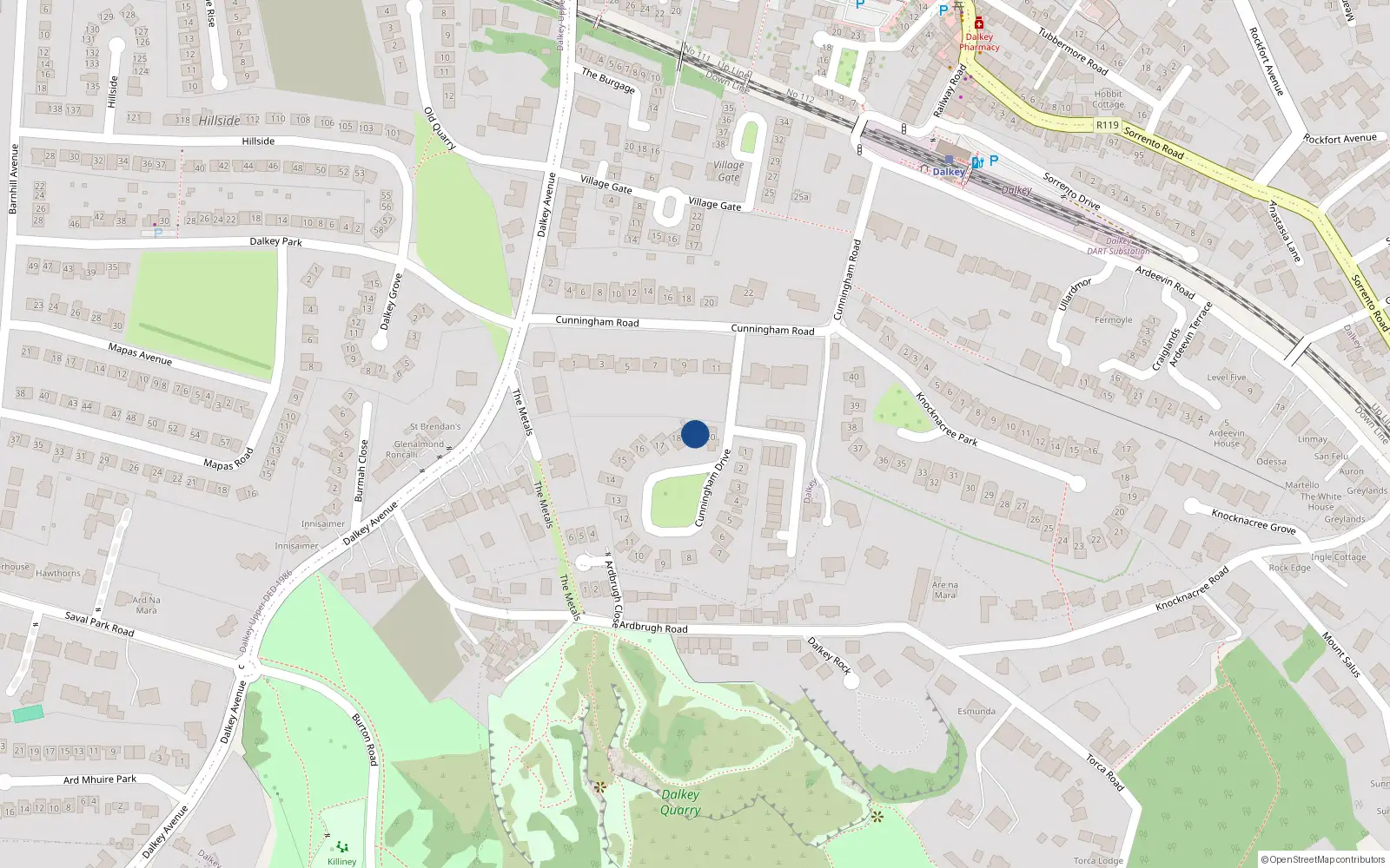 Overhead map showing the location of 19 Cunningham Drive, Dalkey