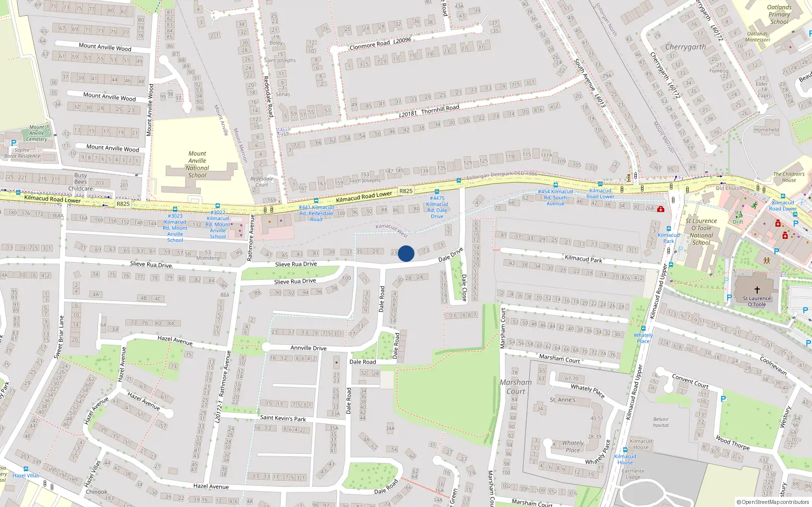 Overhead map showing the location of 19 Dale Drive, Stillorgan, Dublin