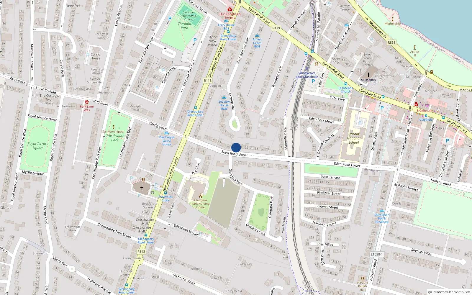 Overhead map showing the location of 19 Eden Road Upper, Glasthule, Dublin
